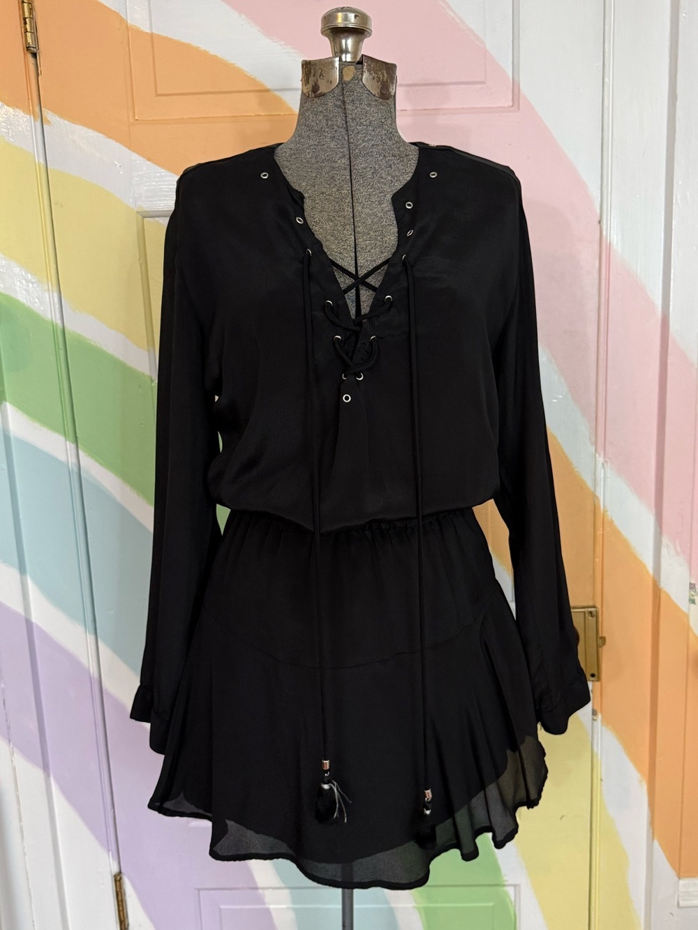 Karina Grimaldi Lace Up Elastic Waist Flowy Little Black Dress Sz S 🍄